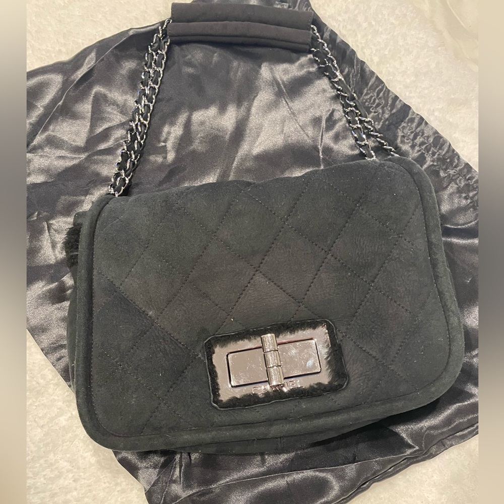 Chanel Mademoiselle Quilted Black Shearling Trim Shoulder Bag- Vintage